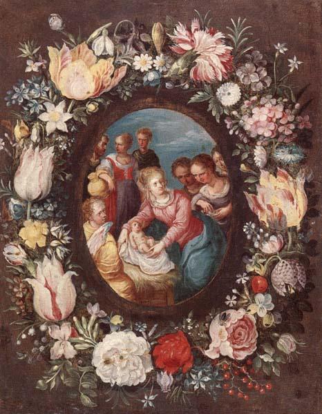 unknow artist The nativity encircled by a garland of flowers oil painting image